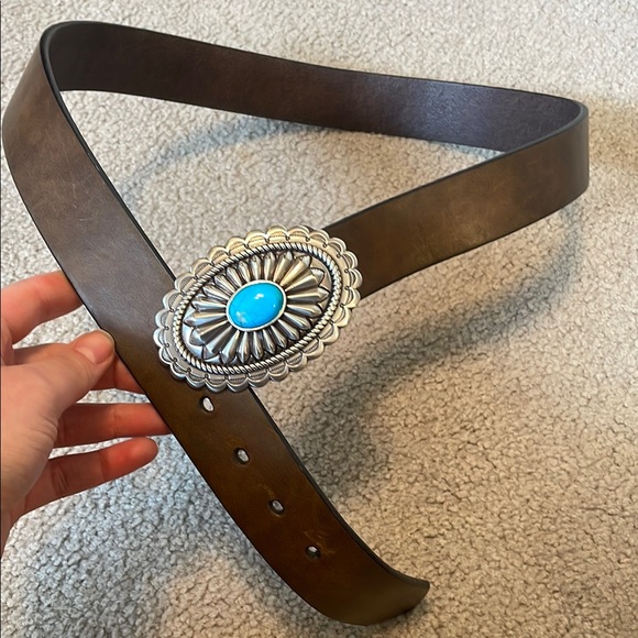 Women’s Ariat Brown Leather Belt with Silver and Turquoise Buckle - Large - Picture 1 of 5